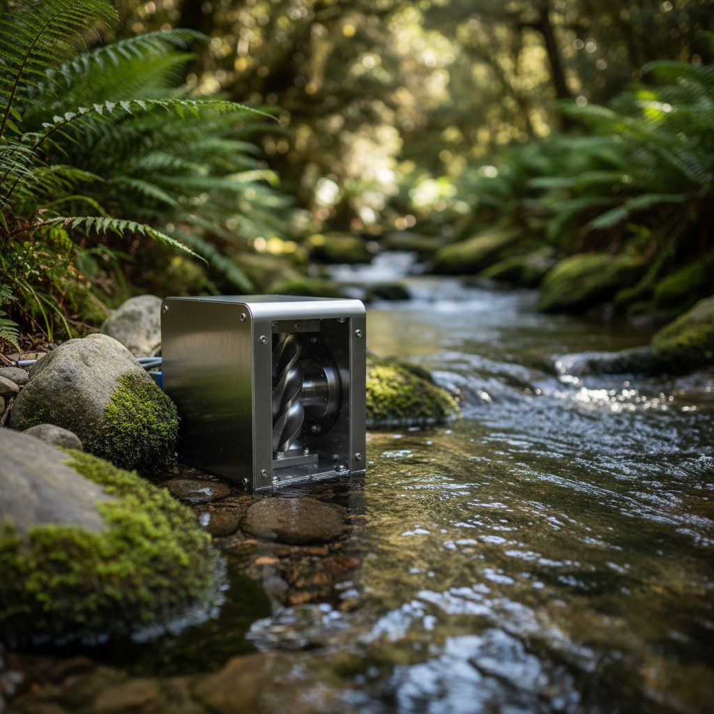 A silver metal object, possibly a water filter, in a stream.