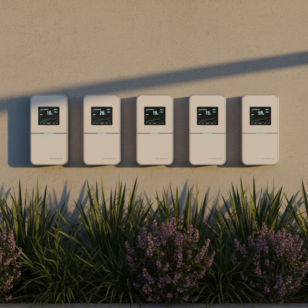 an image of five flat, rectangular electronic devices on a wall above a garden.