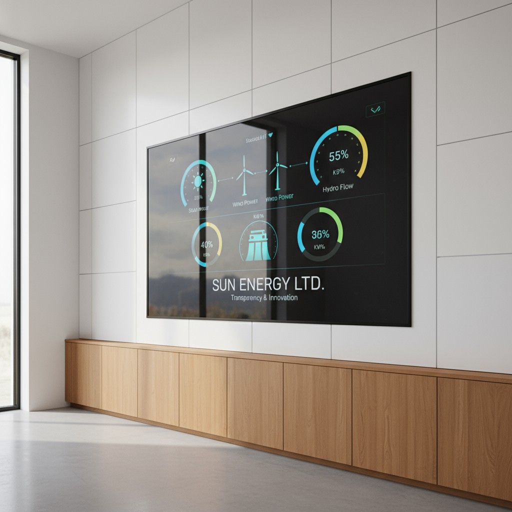 A large screen display on the wall, showcasing various energy stats with a transparent overlay and a prominent logo for "S...